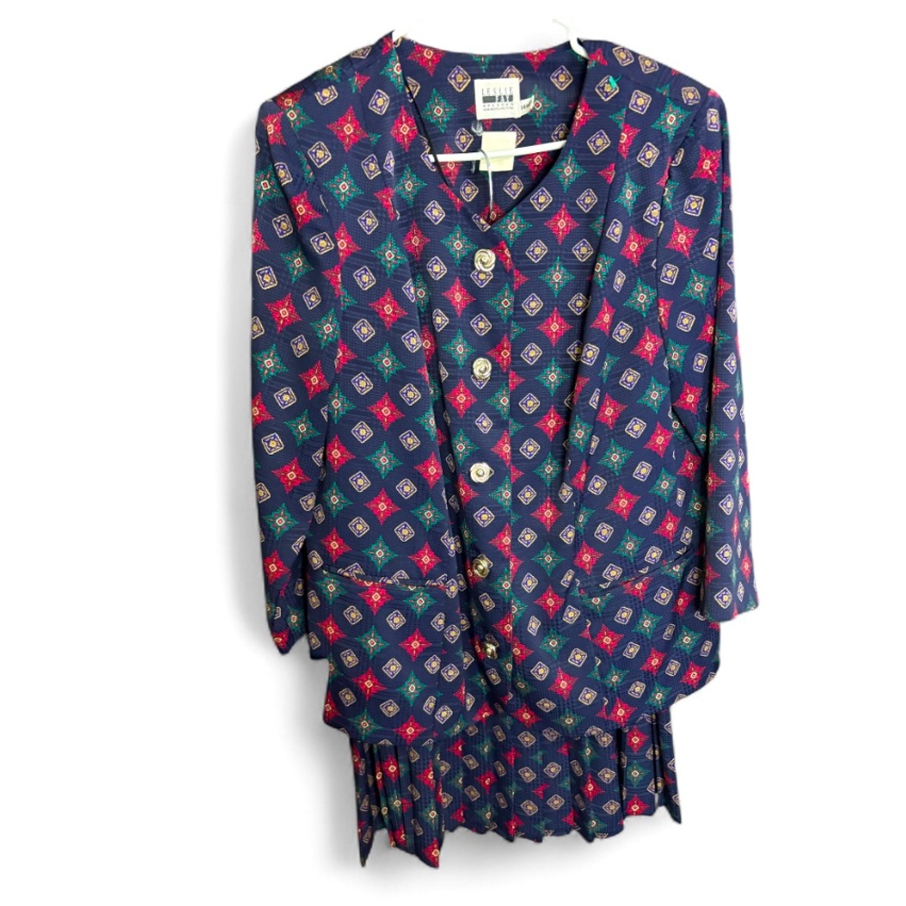 LESLIE FAY Navy and Multicolor Skirt Suit